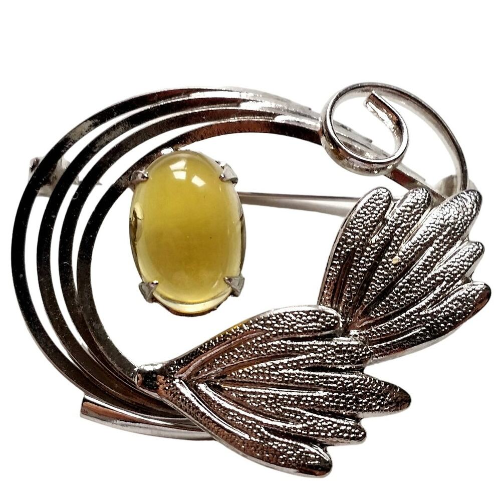 Brushed Silver Leaf Brooch Abstract Faux Yellow Glass Topaz‎ Pin Vintage 1970s